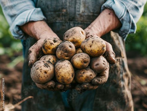 Farmer holds freshly harvested potatoes