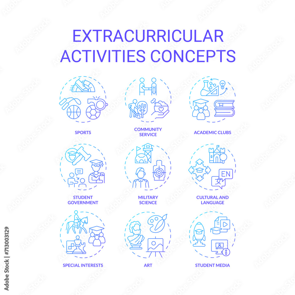 Collection of 2D gradient thin line icons representing extracurricular activities, creative isolated vector, linear illustration.