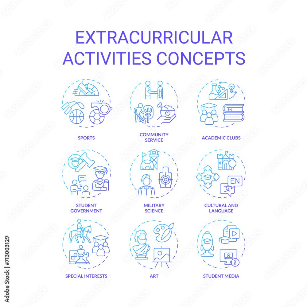 Collection of 2D gradient thin line icons representing extracurricular activities, creative isolated vector, linear illustration. Collection of 2D gradient thin line icons representing extracurricular activities, creative isolated vector, linear illustration.