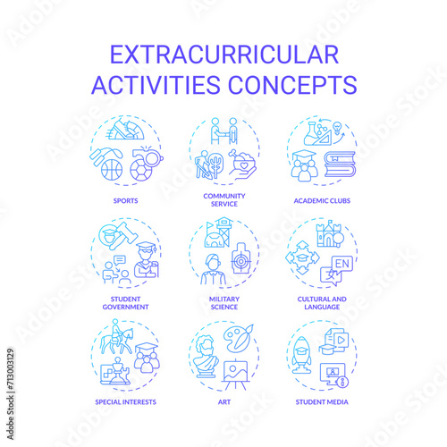Collection of 2D gradient thin line icons representing extracurricular activities, creative isolated vector, linear illustration.