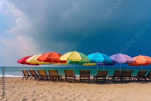 Tropical Tranquility: Colorful Chairs on the Beachside, Overlooking the Serene Sea, Tropical Beach Chairs, Seaside Relaxation, Coastal Getaway, Beachside Seating, Ocean View Lounge,