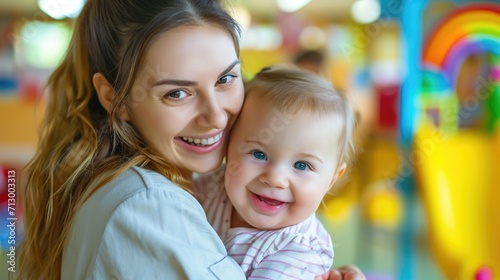 Mom plays with her child. A happy woman holds a baby in her arms on a bright background of a playroom. Happy childhood in the family