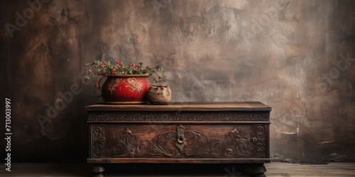 Vintage furniture with an old carved table, showcasing a mysterious wooden box symbolizing a gift.