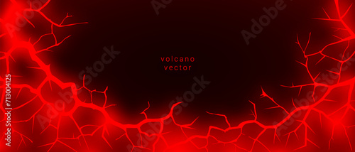 Vector glowing red fiery cracks. Broken earths crust. Graphic volcanic magma. Empty place in center. Sample. Wide wallpaper or background.