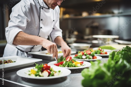 Professional chef in white uniform cooking vegetarian dish in restaurant kitchen