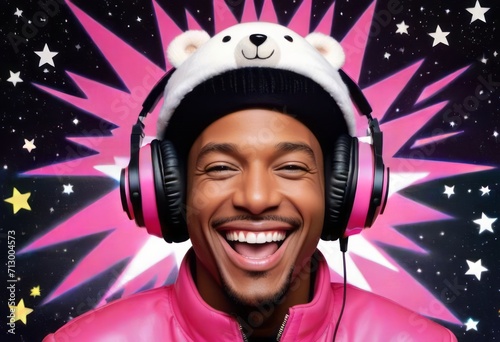 The picture shows a man wearing a pink jacket and white hat with a polar bear wearing pink headphones. He is smiling and stars can be seen in the background.