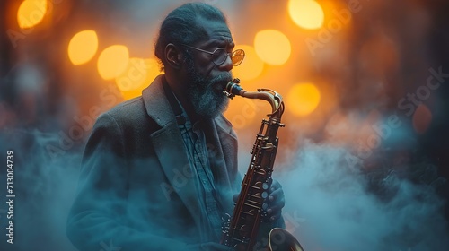 Soulful saxophone player immersed in music amidst atmospheric lights. expressive performance captured. AI