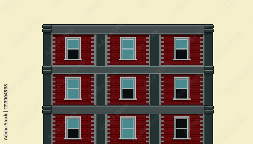 2D Pixel Art building background. Design for wallpaper, background, mobile app, computer game. Apartment building with many windows for pixel game. Old architectural construction.
