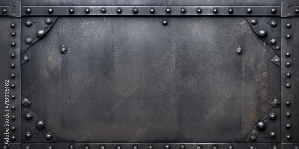 Black metal plate or armour texture with rivets, Ornate wrought-iron elements of metal gate decoration, Riveted Metal Plate Texture For Background. 