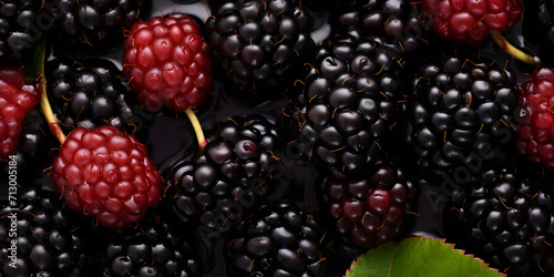 Closeup of bed of delicious blackberries and green leafs, Fresh juicy organic dewberry background Ripe blackberries background, A group of delicious blackberries upclose.  photo