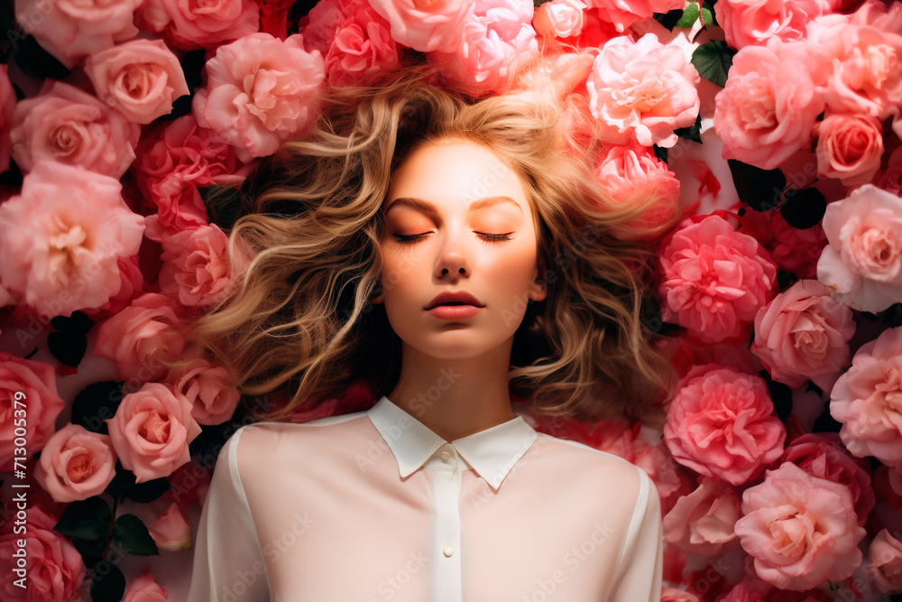 Beautiful young girl in a white chiffon blouse with closed eyes on a background of pink roses, portrait
