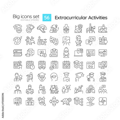 2D editable black big simple icons set representing extracurricular activities, isolated vector, linear illustration.