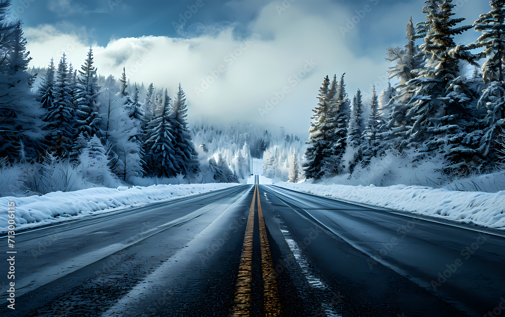 Photo of road passing trough icy snowy forest