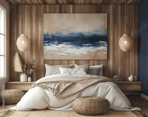 modern wooden interior with a warm and cozy bedroom, in the style of indigo and beige, textured canvas, large canvas format, kitty lange kielland, high quality photo, urban-inspired, light white and n photo