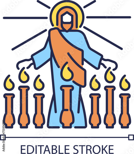 Revelation RGB color icon. Jesus Christ and seven lampstands. Biblical scene. Apostle John vision and scripture. Isolated vector illustration. Simple filled line drawing. Editable stroke