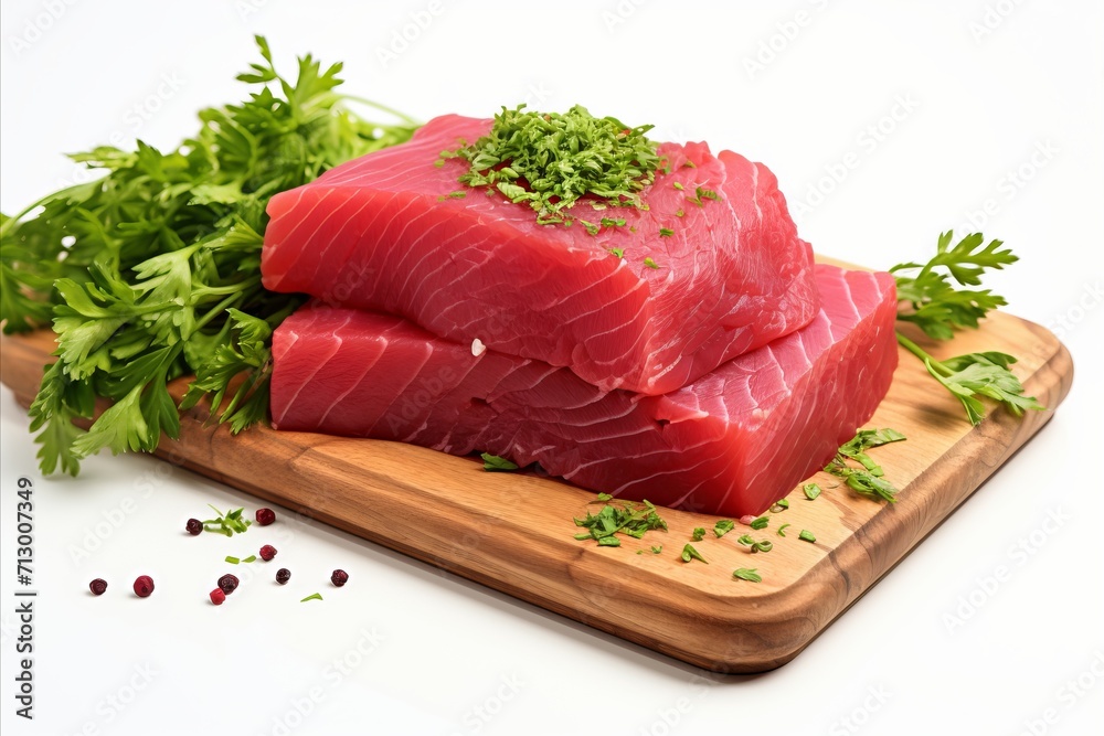 Fresh raw tuna fish with parsley garnish, healthy seafood ingredient isolated on white background Fresh raw tuna fish with parsley garnish, healthy seafood ingredient isolated on white background