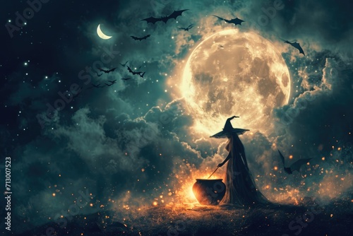 A witch stirring a cauldron with a full moon and bats in the night sky Halloween witch with potion and cauldron