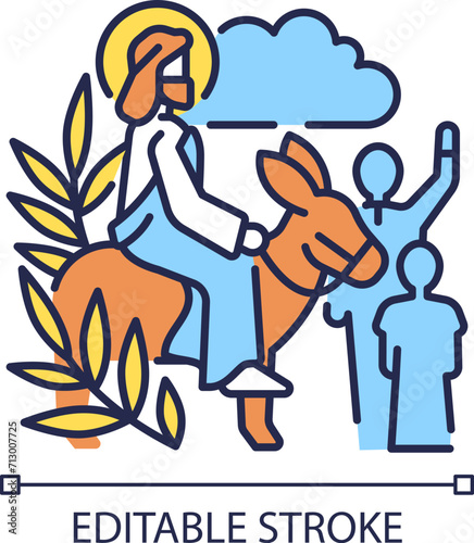 Triumphal entry into Jerusalem RGB color icon. Palm Sunday. Start of holy week. Jesus Christ riding donkey. Isolated vector illustration. Simple filled line drawing. Editable stroke