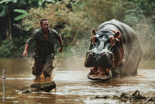 Terrified man runs from a chasing huge aggressive hippopotamus with open mouth in a river attack, a deadly danger in African wildlife. Hippo is the deadliest large land mammal.