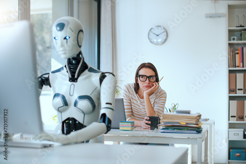 Foto Disappointed stressed woman and AI robot in the office