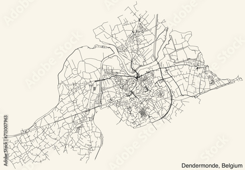 Detailed hand-drawn navigational urban street roads map of the Belgian city of DENDERMONDE, BELGIUM with solid road lines and name tag on vintage background