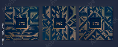 Vector set of art deco pattern line geometric backgrounds, gold cards luxury design. Fancy elegant frames, box ornament, premium invites