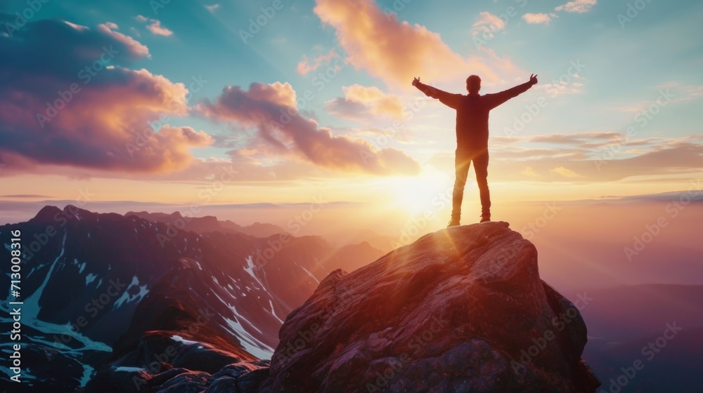 Man with arms outstretched on mountaintop Man with arms outstretched on mountaintop