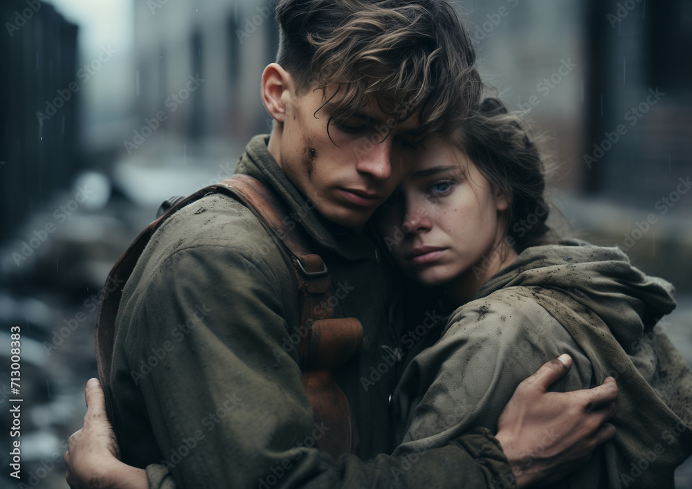Two people embracing each other in a scene completely destroyed after a war attack