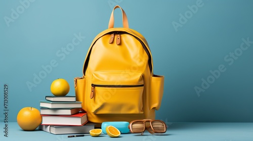 Back to school concept with colorful backpack, books, and copy space on blue background.