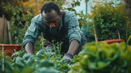 African American passionate urban gardener cultivating a thriving green space