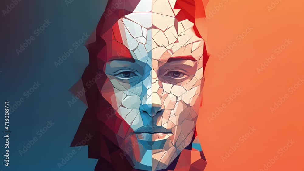 A person with a straight face looking into a mirror that has broken cracks covering the reflection Psychology art concept.