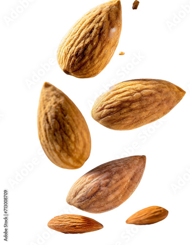 flying almond isolated on transparent background. Realistic almond nuts .