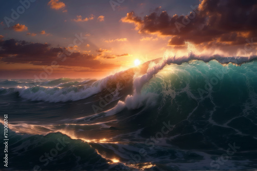 A beautiful rolling ocean wave with sunset colored