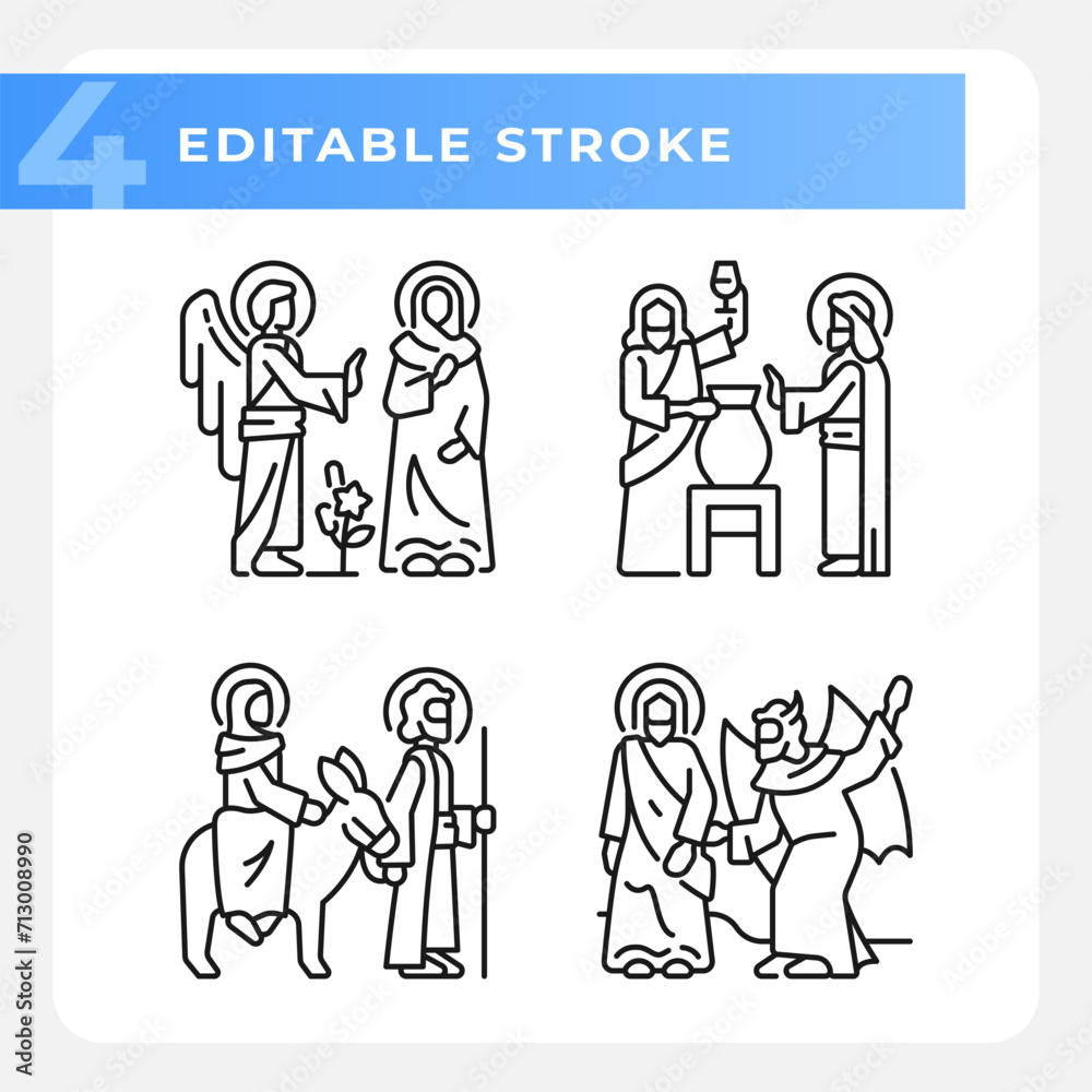 Holy figures linear icons set. Mary and Joseph. Life of Jesus Christ. Biblical scenes. New testament. Customizable thin line symbols. Isolated vector outline illustrations. Editable stroke