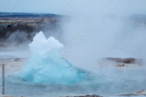 Geysir park erupting in Iceland in winter conditions