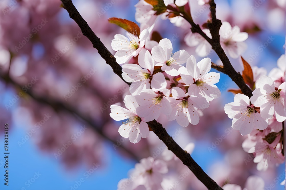 Cherry blossoms bloom against a vivid blue sky, nature's delicate beauty in a serene and uplifting floral display.