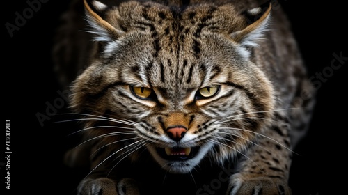 Furious bobcat displaying anger in captivating portrait against black background