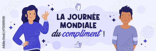 La journée mondiale du compliment - Bannière - Personnages vectoriels - Titre et illustrations autour de l'éloge ,de l'encouragement et la réussite - Adultes souriants, attitude bienveillante