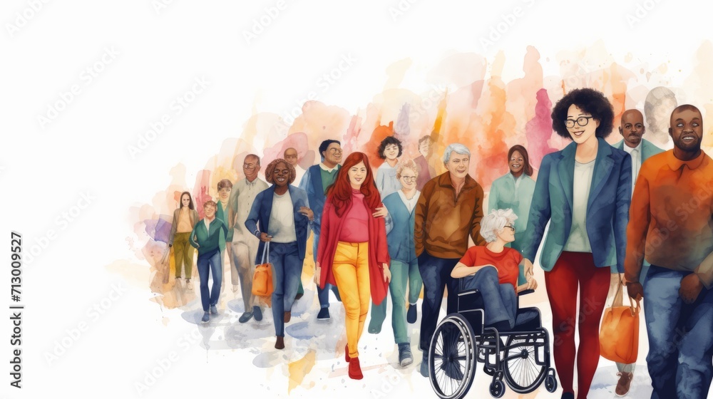 Obraz premium Inclusive community: diverse illustration featuring people of various genders, races, ages, and lifestyles