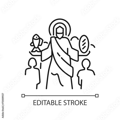 Feeding of five thousands linear icon. Jesus Christ feeds multitude. Miracle of Jesus. Biblical scene. New testament. Thin line illustration. Contour symbol. Vector outline drawing. Editable stroke