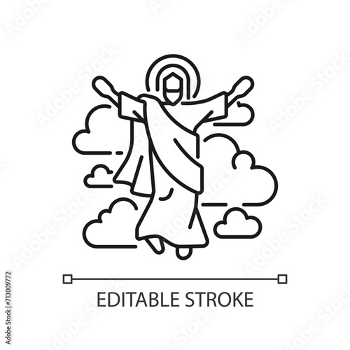 Ascension of Jesus linear icon. Jesus ascended to Heaven. Christian scripture. New testament. Religious miracle. Thin line illustration. Contour symbol. Vector outline drawing. Editable stroke