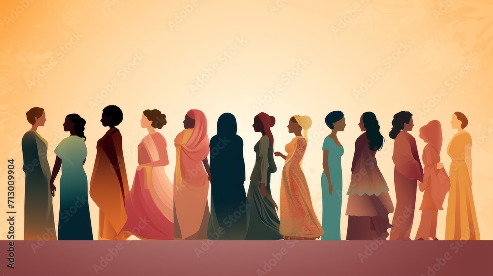 Silhouetted diversity: multiethnic women from various cultures and countries embracing coexistence, multicultural community, and racial equality

