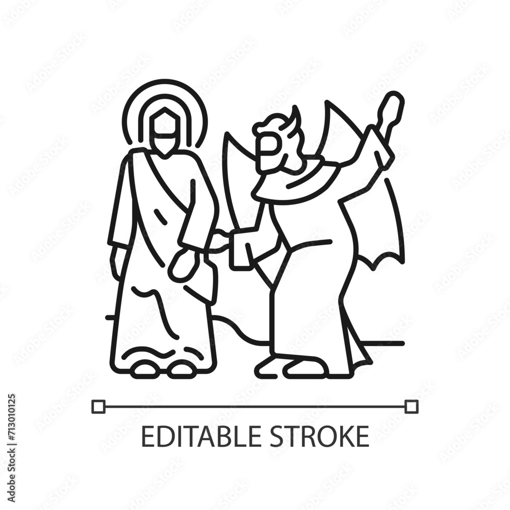Temptation of Christ linear icon. Jesus and Satan. Christ tempted by devil. Biblical scene. New testament. Thin line illustration. Contour symbol. Vector outline drawing. Editable stroke Temptation of Christ linear icon. Jesus and Satan. Christ tempted by devil. Biblical scene. New testament. Thin line illustration. Contour symbol. Vector outline drawing. Editable stroke
