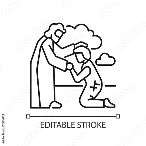 Prodigal son linear icon. Parable of Jesus Christ. Father forgives his son. Reconciliation of parent and child. Thin line illustration. Contour symbol. Vector outline drawing. Editable stroke
