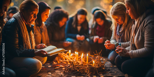Christians gather together to pray and seek God's blessings Bible study is conducted to deepen understanding of scripture Gospel sharing and worship are key elements of the concept
