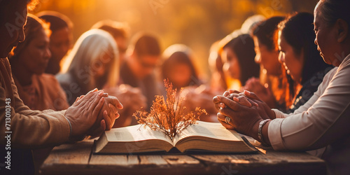 Christians gather together to pray and seek God's blessings. Studying the Bible and sharing the gospel are central to this concept. Worship and faith in God are important aspects.