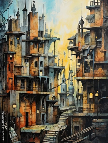 Artisan Cityscape Sketches: Vintage Painting of Urban Utopia © Michael