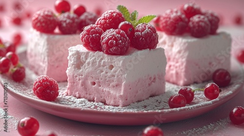 Indulge in the close-up beauty of homemade marshmallow with a delightful pink berry hue. This zefir dessert features a red currant mousse, set against a soft pink pastel background.