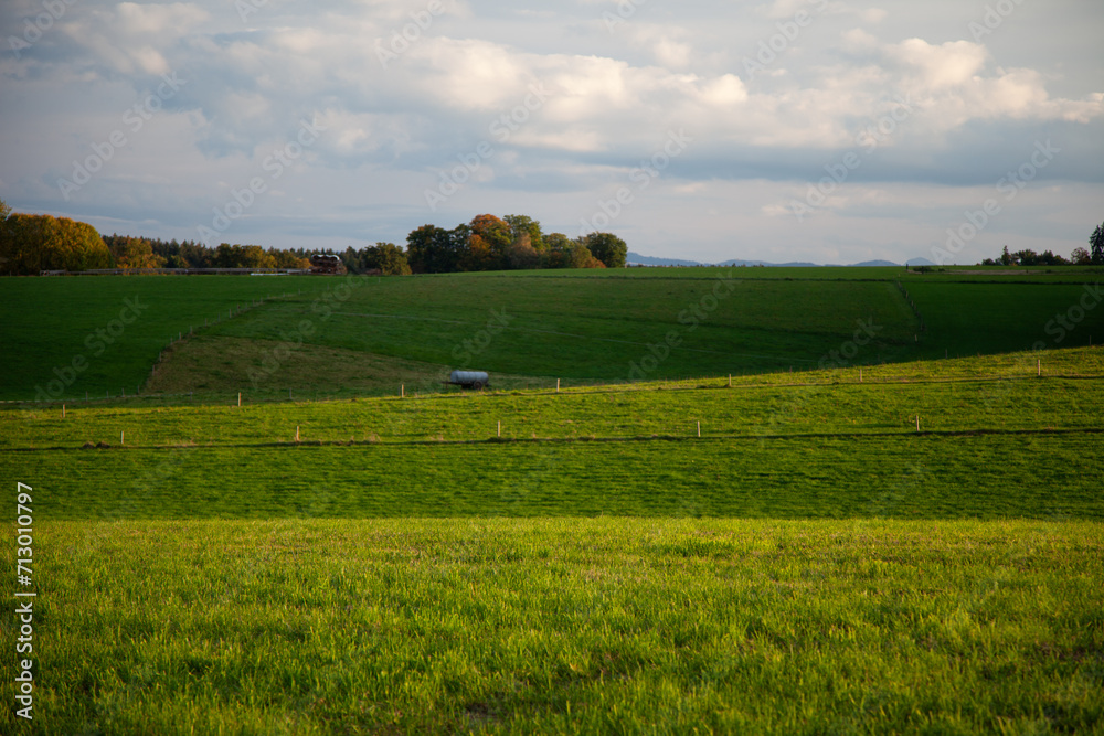 A vibrant green field stretches out beneath the open sky, with a solitary house standing in the distance. A vibrant green field stretches out beneath the open sky, with a solitary house standing in the distance.