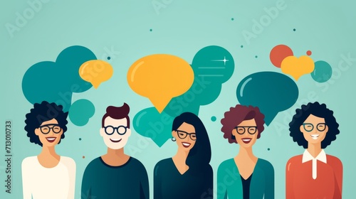 Diverse community engaging in dialogue with speech bubble icons